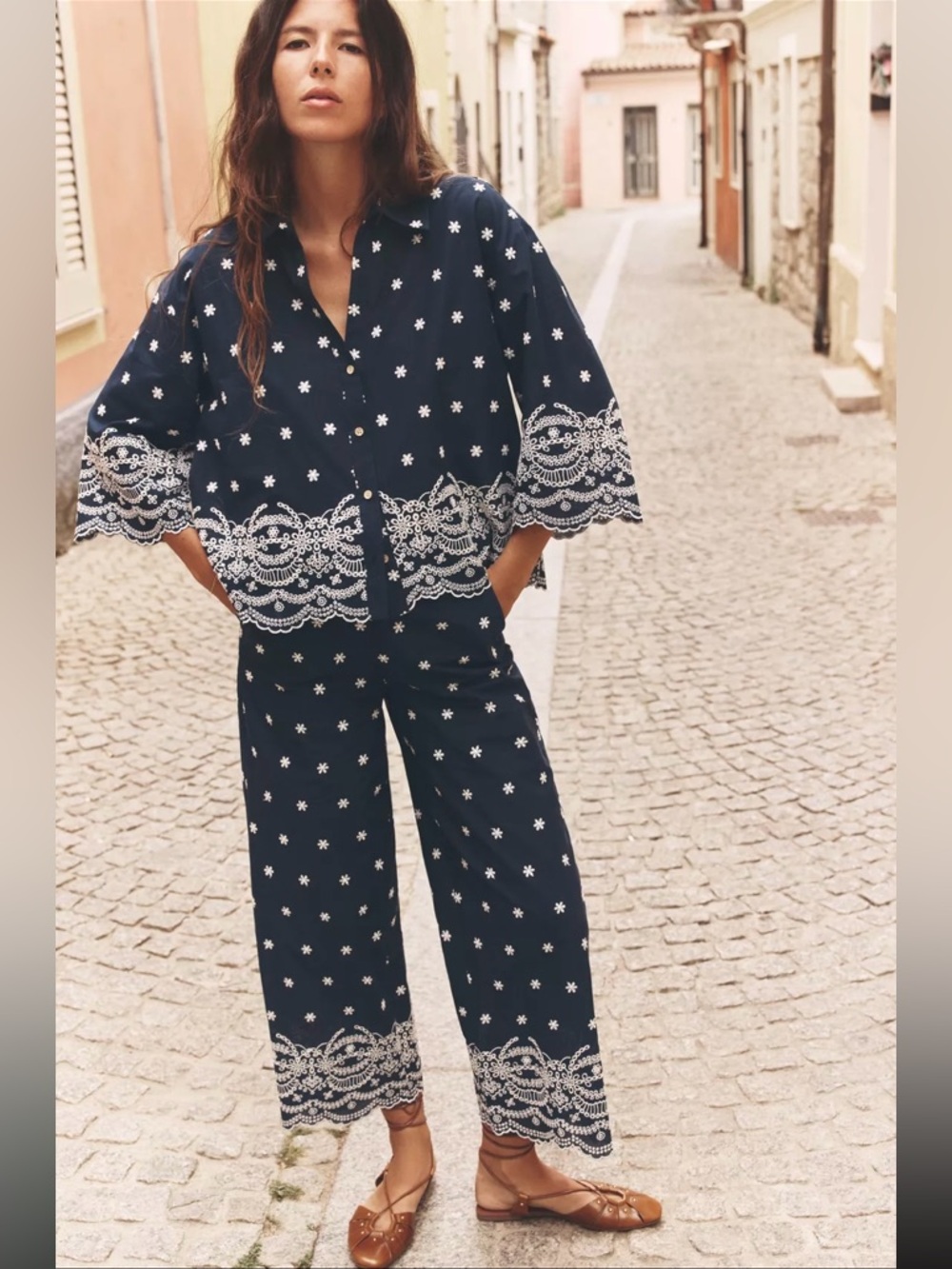 ZARA 2-Piece Navy Embroidered Matching Set with White Daisy Print & Lace Trim